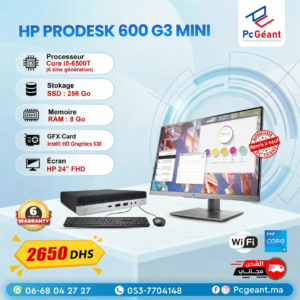 HP ProDesk 600 G3 Mini Core i5-6500T I 8Go I 256Go I HP 24" FHD-Fremlisse [Remis à Neuf]