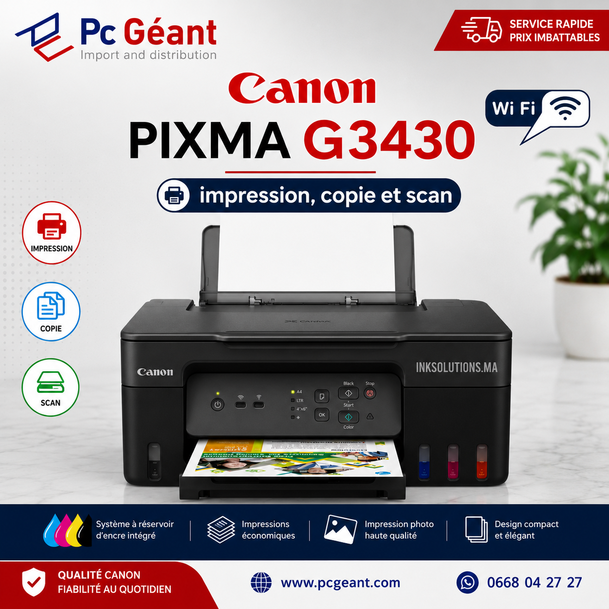 Canon PIXMA G3430 Imprimante multifonction à réservoirs rechargeables WiFi