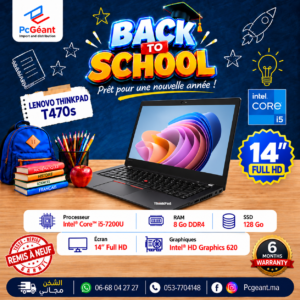 Lenovo ThinkPad T470s – Core i5-7200U | 8Go DDR4 | SSD 128Go | 14″ IPS Full HD – [Remis à Neuf]